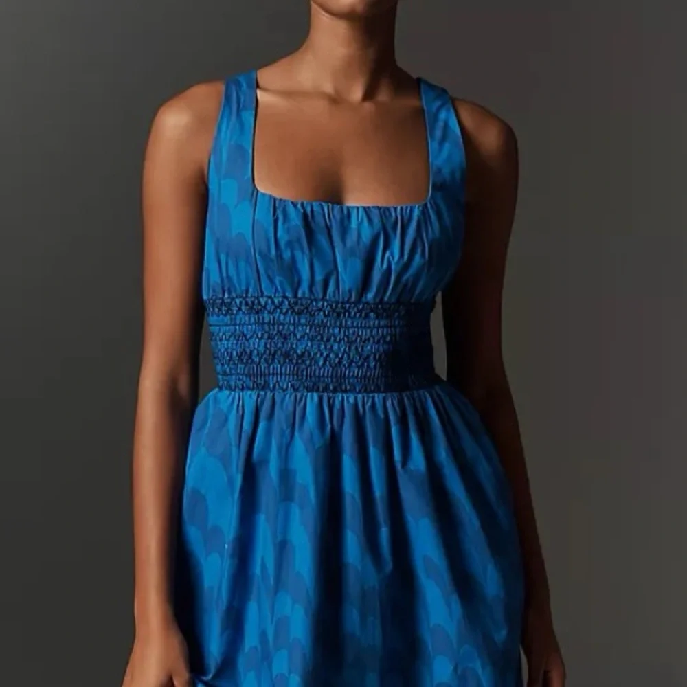 NWT Anthropologie Blue Sleeveless Smocked Square Neck Mini Dress – Size L - Picture 3 of 10